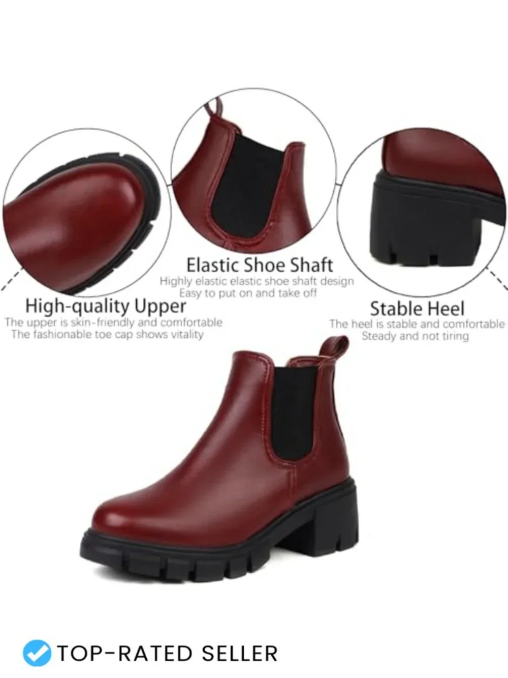 Women's PU Leather Chunky Heel Ankle Boots Round Toe Chelsea Booties Non-slip